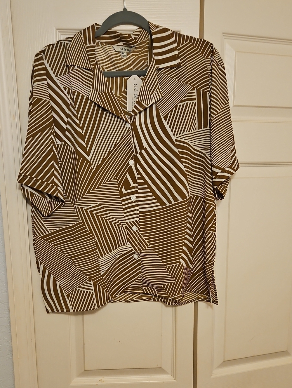 Yak & Yeti Boho Brown and Cream Striped Geometric Button-Up Blouse